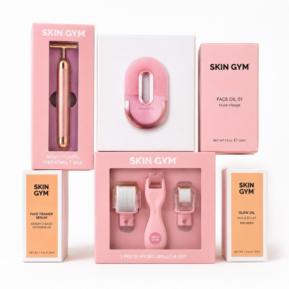 Skin Gym 6pc Beauty Skincare Set  Tools Roller T-Bar Face Oil Serum  NEW
